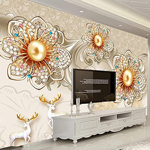 FRTMWallpaper Auto Adhésif Stickers 3D Muraux - Or Fleur Sculpture 400X280Cm - Papier Peint Murales Panoramique 3D Papier Peint Personnalisé Photo Murale Cafe Tv Fond Peinture Murale