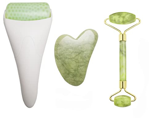 Rouleau de jade glacé 3 en 1 et outil Gua Sha 100% naturel en jade véritable anti-rides pour le visage, les yeux, le cou, réduit les rides, les poches, les migraines, les rougeurs, la douleur et les