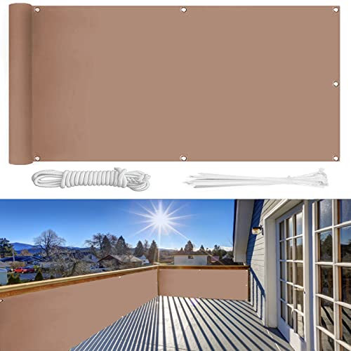 Balkon Sichtschutz 150×1400cm Ohne Bohren, 100% Schutz der Privatsphäre,Blickdichte Balkonumspannung Windschutz UV-Schutz Gartenzaun Schwimmbad-Leitplanke,mit Ösen Kabelbinder und Kordel/khaki