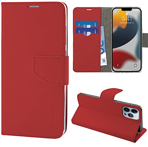 N NEWTOP Cover Compatibile con Apple iPhone 13 Pro Max, HQ Lateral Custodia Libro Flip Chiusura Magnetica Portafoglio Simil Pelle Stand (Rosso)