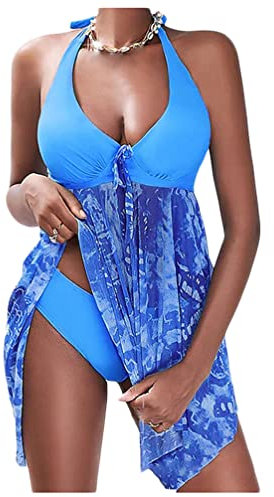 Minetom Tankini Damen Bauchweg Bademode Set Zweiteilig Push up Badeanzug Oberteil Bikini Set Strand Schwimmanzug C Blau L