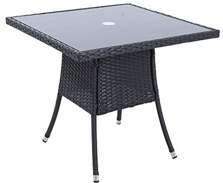 The Fellie Patio Table Garden Rattan Table Tempered Glass Tabletop Coffee Tables Outdoor Bistro Tables with Umbrella Hole (Black, Square Table-80cm)