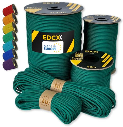 EdcX Paracord 550 4mm, 35+ Solid Colors (10m, 15m, 30m, 50m, 100m, 300m) | Emerald Green, 300 m – 100% Nylon Rope 4mm, Type III 7 strand | Survival, Camping, Bushcraft, Crafts | Made in EU