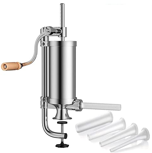Joyeee 2.5 LB Embutidora de Salchichas Manual, Vertical Máquina para Embutidos de acero inoxidable con 4 tubos de llenado, para Hacer Chorizo Hot Dogs Bratwurst Tanto para Uso Doméstico como Comercial