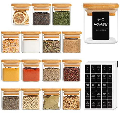 ComSaf 16 Stück Gewürzdosen aus Glas mit Bambusdeckel, luftdichte quadratische Gewürzbehälter mit 113 ml Fassungsvermögen und 275 schwarzen Etiketten, leere Gewürzdosen für Gewürze, Salz, Zucker