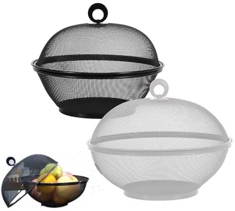 Corbeille à Fruits en Maille avec Couvercle, Panier à Fruits en Métal, Modern Bol à Fruits Décorative, Snack Alimentaire Panier, Panier de Stockage pour Fruits, Légumes, Pain (Noir + Blanc)