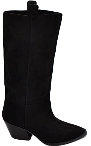Malu Shoes Stivali camperos donna in ecopelle scamosciata nera altezza polpaccio lisci con tacco Texano legno 6 cm western moda zip (41 EU)