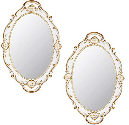 Eaoundm 14.5 x 10 inchs Oval Antique Decorative Wall Mirror Vintage Hanging Mirror (White 2 Pcs)