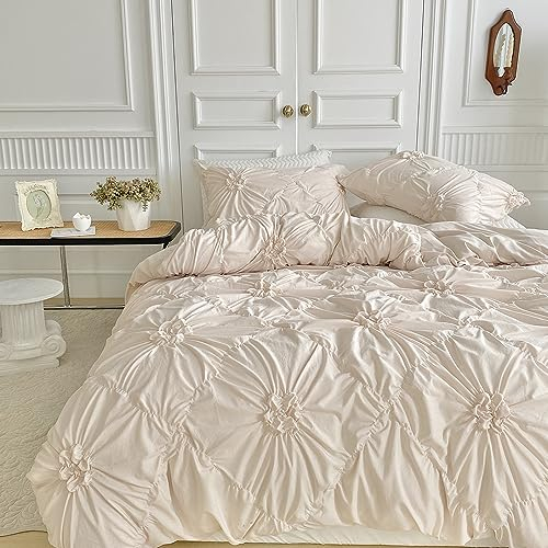 Freyamy Bettwäsche 135x200cm 4teilig Beige Pintuck Plisseefalten Luxus Bettwäsche Pinch Pleat Bettwäsche Microfaser Weiche Bettbezug 2 Bettdeckenbezüge mit Reißverschluss und 2 Kissenbezug 80x80cm