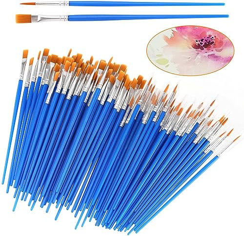 SEUNMUK 200 Pcs Small Paint Brushes, Bulk Artist Paint Brushes with Flat and Pointed, Nylon Hair Face Detail Painting Art Brushes for Watercolor, Acrylic Gouache, Oil Painting(Blue)