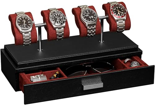 ROTHWELL Luxus-Uhren-Vitrine für 4 Uhren - Uhrenbox aus Leder mit Acryl-Abdeckung und abnehmbaren Einschubkissen - Zubehörschublade mit mehreren Konfigurationen (Schwarz/Rot)
