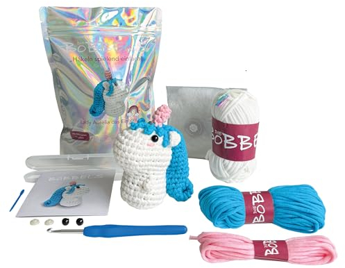 Die Bobbels“ Einsteiger Häkelset für Anfänger mit kinderleichtem Garn, Hilfsmitteln und Schritt-für-Schritt Videoanleitung (Einhorn)