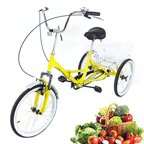 20 Zoll Klappräder Dreirad für Erwachsene,Faltbares Fahrrad Single-Speed 3 Räder Fahrrad Lasten-Dreirad Parade-Dreirad mit Kindersitz & Einkaufskorb für Fahrer mittleren Alters und ältere Menschen