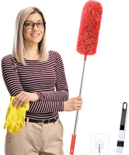 Plumero telescópico lavable, largo extensible hasta 75-240 cm, plumero con barra telescópica y flexible, para techos altos, ventilador de techo, escoba esquinera, color rojo