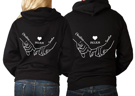 Tachinedas Kreativshop Personalisierte Pärchen Hoodies Hände Händchen halten Partner Sweatshirts mit Datum und Name