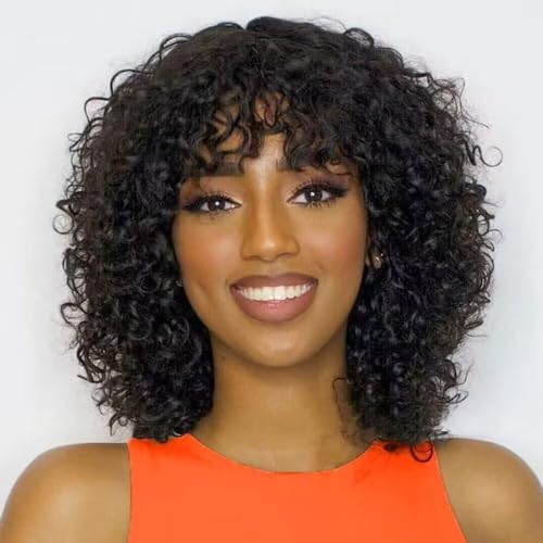 Perruque Femme Naturelle Brésilien Bouclée De Cheveux Humain Avec Frange Sans Colle Curly Bob Wig With Bangs Human Hair Glueless Wig No Lace Bouclée Perruque Femme Courte Noir Naturel 12 Pouces