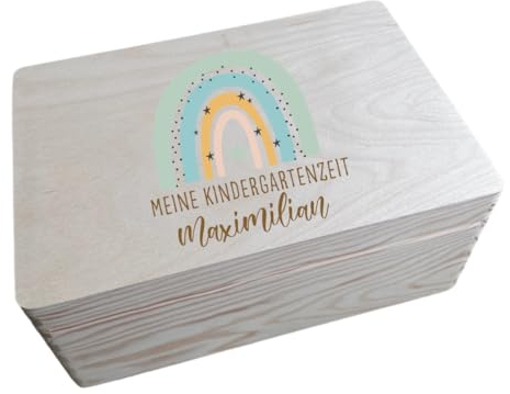 minimutz Erinnerungskiste Kindergarten - Personalisiert mit Name - Erinnerungsbox mit Regenbogen und Gravur - Holzbox mit Deckel L (40 x 30 x 13,5 cm)