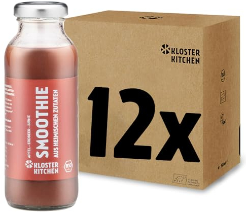 Kloster Kitchen Bio Smoothie Rot Apfel Birne Erdbeer 12x 250 ml I Superfood Frühstück vegan I To Go Glasflasche I Powerfood aus heimischen Zutaten