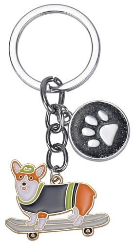 WEWAYSMILE Welpe Schlüsselanhänger, Hunde Schlüsselanhänger, Niedlicher Welpe-Schlüsselanhänger, Für Dekor Auto Schlüsselanhänger Personalisierte Geschenk, Länge: 2.95 Zoll/7.5 cm (Corgi Skateboard)