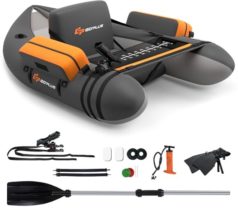 GOPLUS Barca Hinchable para Pesca, Barco Inflable con Portacaña, Remo de Aluminio, Bomba sin Motor,Respaldo Ajustable， Bote Hinchable para Adults, Carga 150 kg