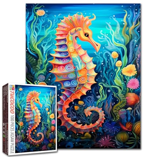 Tucocoo 1000 Piece Jigsaw Puzzles for Adults Sea Horse Painting Jigsaw Puzzle Ocean Animal Art 1000 Pieces Puzzles for Challenging Family Activity Game Abstract Plant DIY Colorful Puzzle Wall Decor