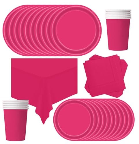 POPOYU Vajilla de fiesta de cumpleaños infantil, color rosa roja, 69 unidades, vajilla de papel para fiesta de cumpleaños, juego de platos de papel, servilletas, para Navidad, cumpleaños, bodas,
