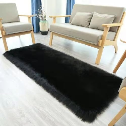 YUGWNN Schwarz Flokati Teppich Waschbar Bettvorleger Fell,Kunstfell Stuhlauflage Dekofell,Rechteckig 80x160cm/31,4x62,9in