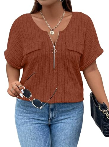 Gemulate Plus Size Tops for Women Plus Size V Neck Tops for Women UK Casual Ladies Loose Lightweight Shirts Short Sleeve Blouses Zip Up T Shirt Going Out Top - Caramel, 5XL