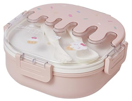 Fuerdich , lonchera para niños y adultos, lonchera a prueba de fugas, lonchera con 3 compartimentos y cubiertos, calentamiento por microondas para niños y adultos (Pink)