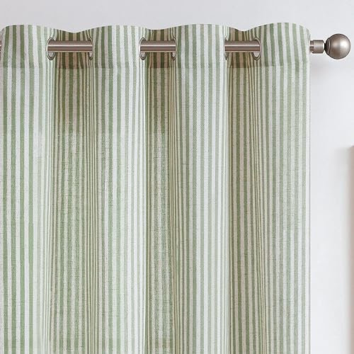 TOPICK Linen Curtains for Living Room 63 inches Long Sage Green Striped Curtains for Bedroom Light Filtering Eyelet Curtain Window Decoration 2 Panels