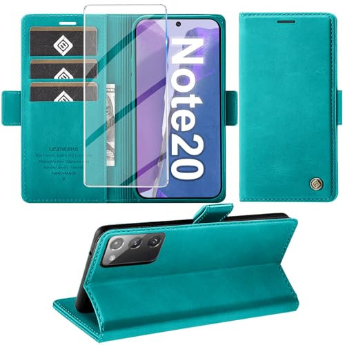 Giyer Handyhülle für Samsung Galaxy Note 20 Hülle mit Schutzfolie, Schutzhülle Galaxy Note 20 5G PU Leder Wallet Flip Case Standfunktion Kartenfach Klapphülle für Samsung Note 20 Cover (Cyan)