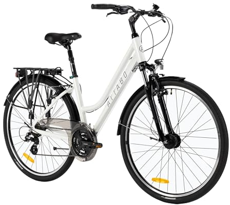 ATTABO Trekking Fahrrad Damen mit 17 Rahmen Ergonomischer Lenker V-Brake Bremsen Strapazierfähiges weißes Fahrrad mit 28 Rädern mit niedrigem Heckgepäckträger im Set Fahrradklingel Reflektoren