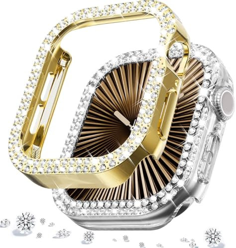 DEALELE [2-Pack] Uhrengehäuse Kompatibel mit Apple Watch Series 10 42mm, Glitzer Strass Diamant Schutzhülle Uhrenabdeckung Ersatz Gehäuse für Damen Herren (42mm, Gold+Transparent)