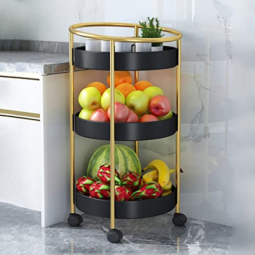 Generisch Lagerwagen, runder Allzweckwagen, Badezimmer-Stehregal, Regal, Organizer, moderner Kosmetikwagen mit Rädern, Metallgriff (Farbe: Schwarz, Größe: 3-stöckig)