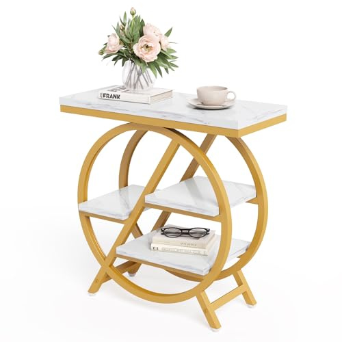 LITTLE TREE Beistelltisch, 4-stöckiger schmaler Beistelltisch aus Kunstmarmor mit großem Stauraum, moderner Nachttisch und Nachttisch für Wohnzimmer, Homeoffice, Schlafzimmer, Weiß und Gold | Moderner Nachttisch und Nachttisch mit großem Stauraum für Wohnzimmer, Homeoffice, Schlafzimmer, Weiß und Gold
