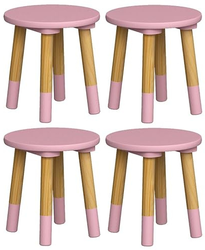 URBNLIVING Kids Wooden Portable Stool, Lightweight and Anti-Slip, H26cm x D24cm, 4 Pcs Round Seat Pink Chair for Toddlers, Small Children, Home Decor for Desk, Table, Nursery, Kitchen, Bedroom