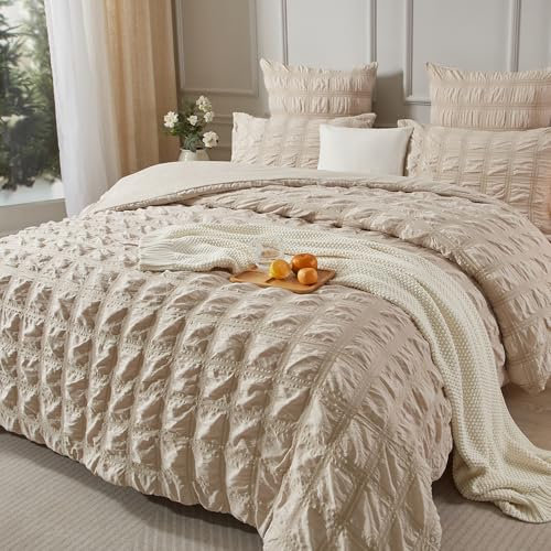 Luofanfei Seersucker Bettwäsche 155x220 Beige Sommer Kühlende Gestreift Karo Uni Muster Wende Bettwäsche Atmungsaktiv Leicht Bettbezug Einzelbett und Kissenbezüge 80x80 mit Reissverschluss