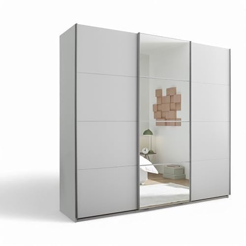 Stella Trading CARANO Kleiderschrank mit Spiegeltür in Weiß - Vielseitiger Schwebetürenschrank 3-türig für Ihr Schlafzimmer - 215 x 204 x 63 cm (B/H/T)