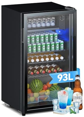 Devoko Getränkekühlschrank mit Glast,93L Minikühlschrank,mit RGB LED Lichtern,verstellbare Einlegeböden, Indoor/Outdoor,für zu Hause, Büro, Partys & Gastro,Minibar, Kühlschrank Schwarz