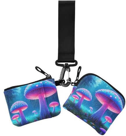 Lot de 2 portefeuilles doubles pour femme avec poche à fermeture éclair - Motif champignons - Rose fluo - Violet, Champignons frais rose fluo violet, 1 size, Décontracté