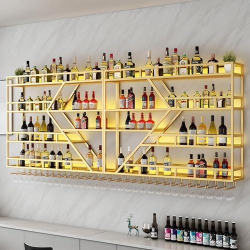 amhricho Metall Weinregal zur Wandmontage, Modernes Weinlagerregal zur Wandmontage mit Weinglashalter, Spirituosenregal, Barregale für Spirituosenflaschen (4-Gold, 160 * 20 * 123CM)
