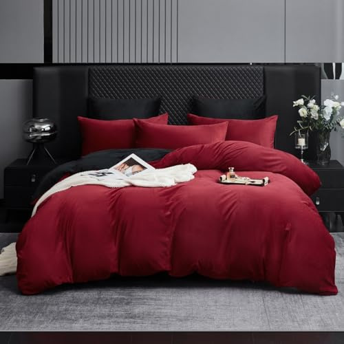 Gezu Winter Bettwäsche 135x200 Rot Weinrot Winter Flauschige Microfleece Plüsch Fleece Kuschelige Warme Bettwäsche Set 135x200 Cashmere Touch Samt Bettbezug mit Reißverschluss mit 1 Kissenbezug 80x80
