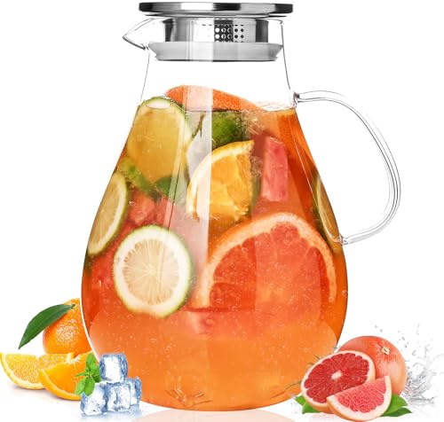 2.5 Liters Glass Pitcher with Lid and Handle, Water Pitcher for Fridge, Ice Tea Carafe for Cold Brew, Drinks, Lemonade, Juice, Coffee, Beverage, Fruit, Clear, Borosilicate