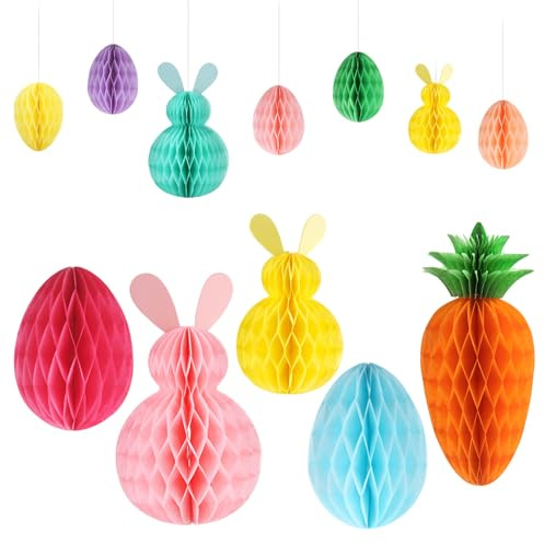 YUE QIN 11 Stück Osterdeko Wabenball Osterei Hase Karotte Papier Bunte Waben Osterei Waben Osterhasen mit 15 Büroklammer Ostern Wabenball Osterdeko zum Aufhängen für Frühling Ostern Party Deko