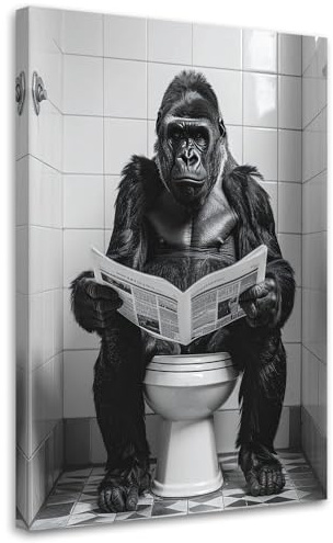Feeby Leinwandbild - Bilder Wohnzimmer - Lustiger Affe auf der Toilette - 40x60 1tlg - Deko Schlafzimmer - Wanddekoration - Aesthetic - Groß Moderne Bild - Foto auf Leinwand
