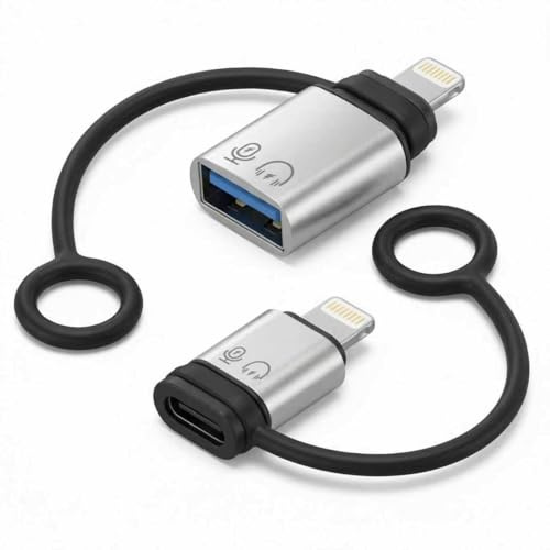 leizhan Lightning OTG Adapter (2-Pack), Lightning to USB A/C Female Converter, Compatible with iPhone/iPad, Supports Lavalier Microphones/OTG/Headphone - Silver
