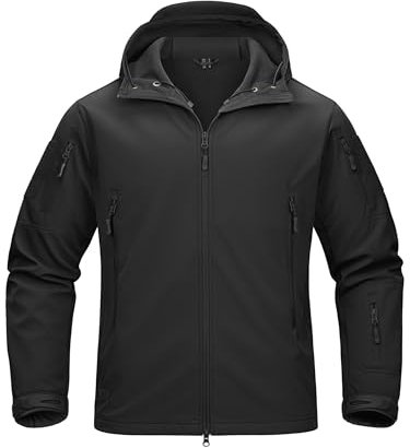 TACVASEN Softshell Jackets Mens Military Winter Jacket Fleece Black Waterproof Outdoor Mountain Windbreaker Camping Hunting Work Hoody, UK 3XL (Tag 4XL), Black