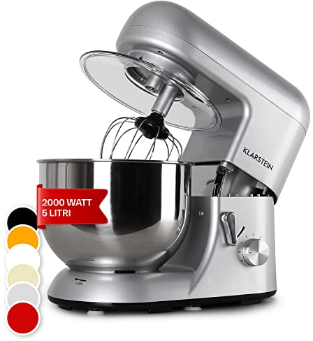 Klarstein Planetaria Professionale, Impastatrice Planetaria 5 Litri con Ciotola, Impastatrice Planetaria Professionale 2000W per Pizza e Dolci a 6 Velocità, Impastatrice Pane con Gancio e Frusta