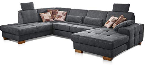 CAVADORE Wohnlandschaft Puccino mit Federkern, verstellbarer Rückenlehne und 2 Kopfstützen / Sofalandschaft in U-Form im Landhaus-Design / 340 x 86 x 224 cm / Mikrofaser grau