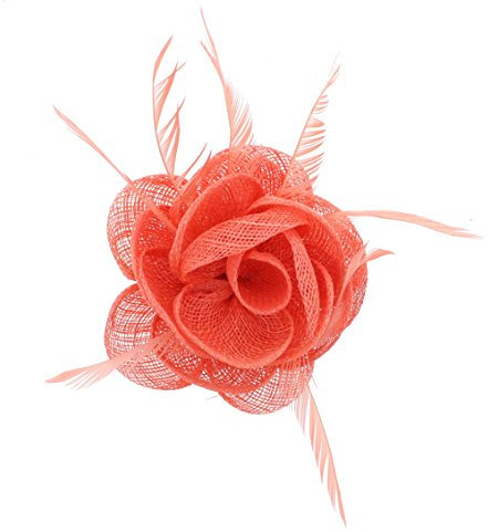 Zac's Alter Ego Salmon/Peach Rose Net Fascinator with Feathers on Clip & Brooch Pin